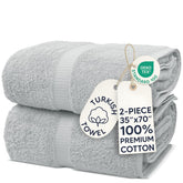 Chakir Turkish Linens front packaging showing two silver gray bath sheets, gift-ready