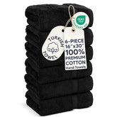 Chakir Turkish Linens front view showing six black hand towels and neat packaging for gifting