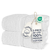 Chakir Turkish Linens front packaging showing two white bath sheets and brand