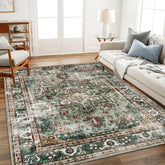 CHAMPLANT front view of 6x9 green medallion rug showing pattern and benefit of vintage style
