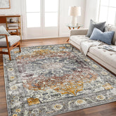 CHAMPLANT front view of 6x9 vintage brown grey rug showing floral pattern and soft look