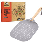 Chef Pomodoro front view of 16-inch perforated peel showing lightweight design and safe transfer