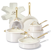Chef Power front view of full cream white 15-piece cookware set showing polished finish and included lids, perfect for complete kitchen coverage