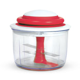 Chef'n VeggiChop front view in cherry showing compact bowl and lid, saves counter space