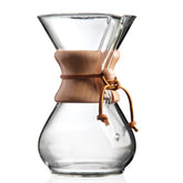 Chemex front view showing classic hourglass design and clear borosilicate glass for elegant brewing
