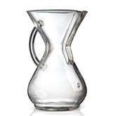 Chemex front view with glass handle showing elegant design and clean pour