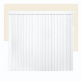 CHICOLOGY front view of Oxford White vertical blinds showing full coverage and clean finish