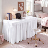 Chicplaid front view showing white pleated skirt concealing under-desk storage and creating tidy workspace