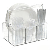 Chivalral front view of clear acrylic caddy showing organized cutlery and neat presentation benefit