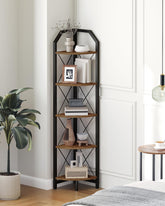 CHOEZON corner shelf front view showing five tiers and rustic brown finish for space-saving storage
