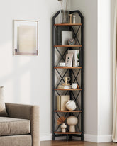 CHOEZON corner shelf front view showing full six-tier storage and rustic style