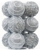 ChrisWish silver ornaments front view showing set of 12 with glossy shine for elegant decor