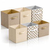 Chunful front view of brown white checkered cube showing neat storage benefit