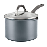 Circulon front view graphite saucepan showing sleek nonstick finish and lid benefit