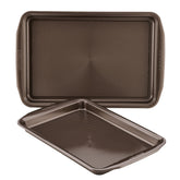 Circulon cookie pan front packaging showing the chocolate brown set and features