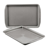 Circulon front view of two gray cookie pans showing size and finish benefit