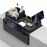 CLESOO front full tray on sofa arm showing organized storage benefit