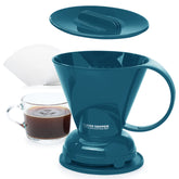 Clever dripper front view in peacock blue showing design and capacity benefit