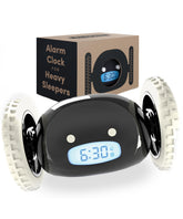 CLOCKY front view on nightstand showing clear display and loud alarm benefit