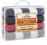 Clotho clear case packaging showing four colorful towels and gift-ready presentation