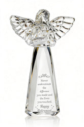 CNCRMEM front view of engraved crystal angel showing clear tribute