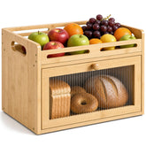 Coiesol bread box front view showing bamboo finish and closed door for neat storage