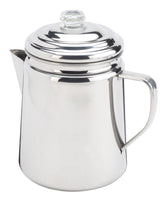 Coleman percolator front view showing stainless steel body and sturdy handle for durable brewing