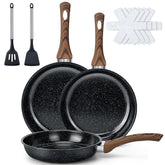Colourcoco front packaging displaying three nonstick skillets and accessories for quick setup