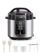 COMFEE’ front view of pressure cooker showing compact design and presets for multitasking