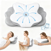 COMFORLAY front view of pillow showing ergonomic shape and calm sleep benefit