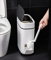 COMODID front view of slim trash can with brush, space-saving benefit