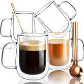 COMOME front view of four 16 oz glass mugs and spoons showing set and packaging benefits