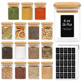 ComSaf front view of 16 glass spice jars showing tidy countertop organization