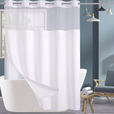 Conbo Mio front view of white fabric shower curtain highlighting clean hotel-style look and elegance