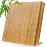 Coninx front view of bamboo magnetic knife block showing neat counter benefit