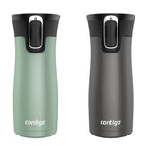 Contigo West Loop front view showing two metallic mugs and secure lids for spill-free travel