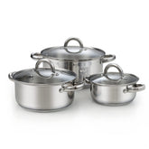 Cook N Home front view of full 6-piece set showing polished stainless finish and lids for versatile cooking