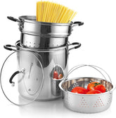 Cook N Home front view showing pot, steamer, strainer, and lid for versatile cooking