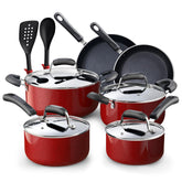 Cook N Home front view of 12-piece red cookware set showcasing full contents and coordinated finish