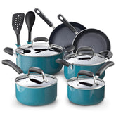 Cook N Home front view of turquoise cookware set highlighting complete pieces and color appeal