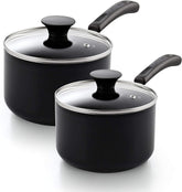 Cook N Home front view of both saucepans showing lids and finish, highlighting versatility