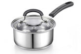 Cook N Home front view of saucepan showing polished stainless finish and lid benefit of clarity