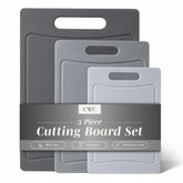 COOK WITH COLOR front view of gray three-piece cutting board set showing sizes and finish benefits