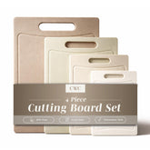 COOK WITH COLOR front view of four brown cutting boards showing sizes and design benefits
