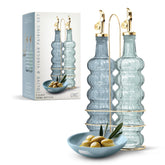 COOK WITH COLOR front view of two blue cruets showing elegant kitchen display benefit