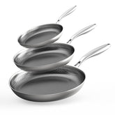COOKER KING front view of all three pans set showing sizes and finish for versatile cooking