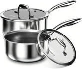 COOKER KING front view of both saucepans with lids showing compact set and polished finish