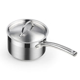 Cooks Standard saucepan front view showing clean stainless finish and lid, durable design