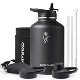 Coolflask 64 oz front view showing sleek design and PU sleeve for stylish protection