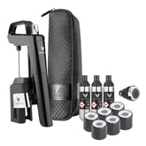 CORAVIN Timeless Six Plus front view showing elegant piano black finish and benefits of neat pouring